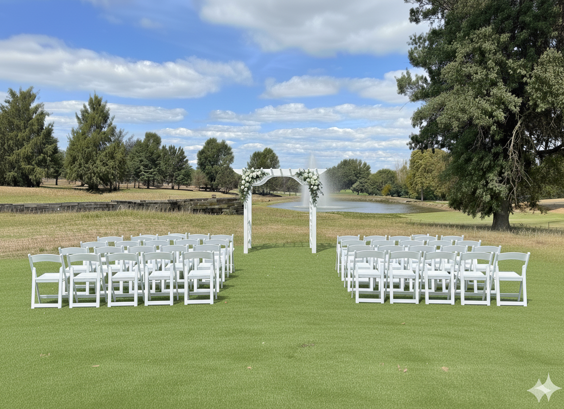 Outdoor ceremony setup with white arbor and chairs overlooking the pond